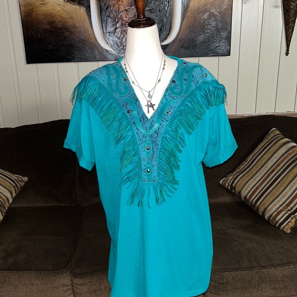 Rare XPeriance Ine Suze Turquoise Western Shirt W/Fringe & Studs - Picture 1 of 16